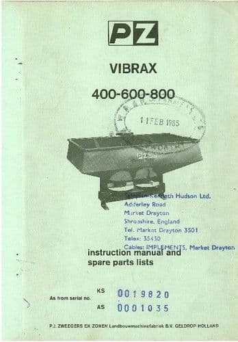 PZ Vibrax 400 600 800 Fertiliser Spreader Operators Manual with Parts List