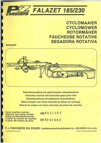 PZ Zweegers Cyclomower Falazet 185 & 230 Operators Manual & Parts List