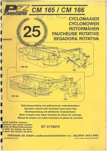 PZ Zweegers Mower Cyclomower CM165 & CM166 Operators Manual with Parts List - CM 165 166 - ORIGINAL