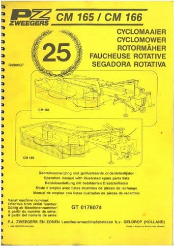 PZ Zweegers Mower Cyclomower CM165 & CM166 Operators Manual with Parts List - CM 165 166