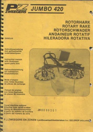 PZ Zweegers Rotary Rake Jumbo 420 Operators Manual with Parts List
