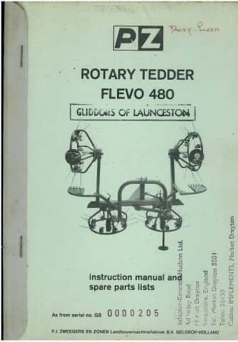 PZ Zweegers Rotary Tedder Flevo 480 Operators Manual with Parts List