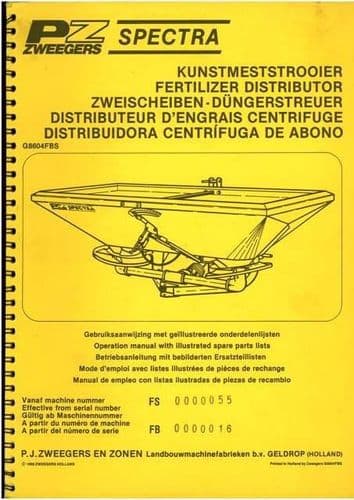 PZ Zweegers Spectra Fertiliser Spreader Operators Manual with Parts List