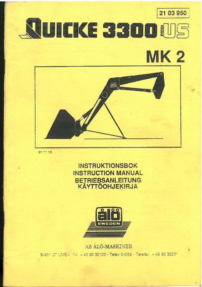 Quicke Loader Q3300 Mk2 Operators Manual with Parts List Q 3300