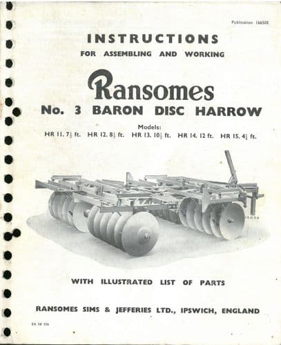 Ransomes 3 Baron Disc Harrow Operators Manual with Parts List