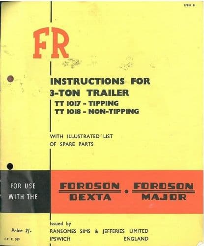 Ransomes 3 Ton Trailer (TT1017 Tipping & TT1018 Non-Tipping) Operators Manual and Parts List - TT