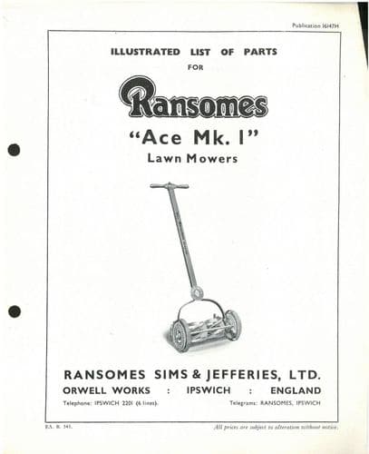 Ransomes Ace  Lawnmower Mk 1 Mower Parts Manual