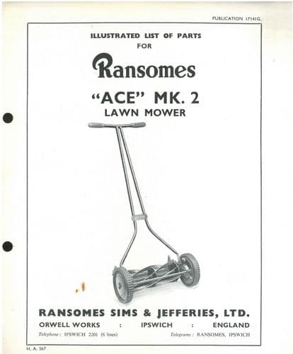 Ransomes Ace  Lawnmower Mk 2 Mower Parts Manual