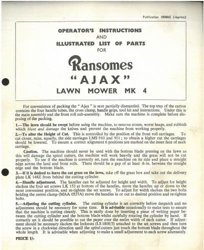Ransomes Ajax Lawn Mower Mark 4 MK4 Operators Manual and Parts List