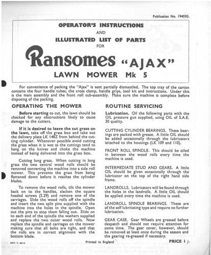 Ransomes Ajax Lawn Mower Mark 5 Mk5 Operators Manual and Parts List