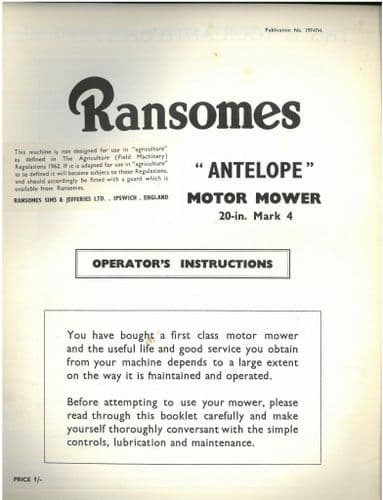 Ransomes Antelope Motor Mower Lawnmower 20" Mark 4 Mk4 Operators Manual