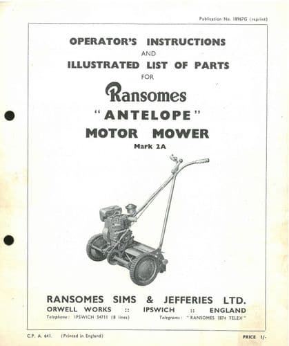 Ransomes Antelope Motor Mower Lawnmower (mark 2a) Operators Manual with Parts List