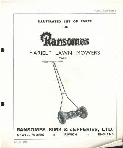 Ransomes Ariel Lawn Mower Mark 1 Mk1 Mower Parts Manual