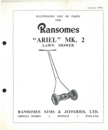 Ransomes Ariel Lawn Mower Mark 2 Mk2 Mower Parts Manual