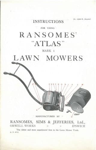 Ransomes Atlas  Lawn Mower Mark 1 MK1 Operators Manual