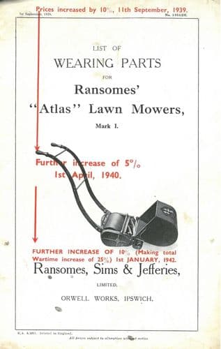 Ransomes Atlas Lawn Mower Mark 1 Mk1 Parts Manual