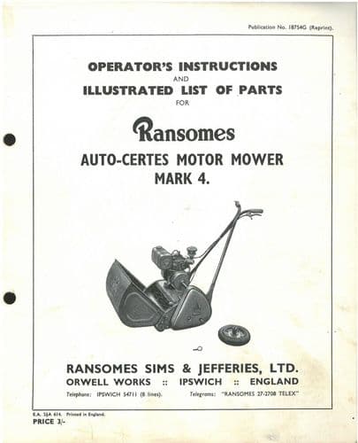 Ransomes Auto-Certes Motor Mower Lawnmower Mark 4 Mk4 Operators Manual with Parts List ORIGINAL
