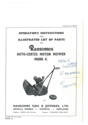 Ransomes Auto-Certes Motor Mower Lawnmower Mark 4 Mk4 Operators Manual with Parts List