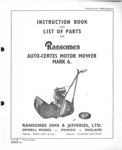 Ransomes Auto-Certes Motor Mower Lawnmower Mark 6 Mk6 Operators Manual with Parts List