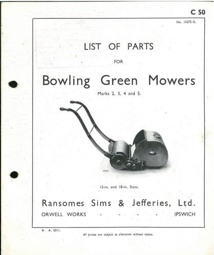 Ransomes Bowling Green Mowers Marks 2 3 4 5 Parts Manual