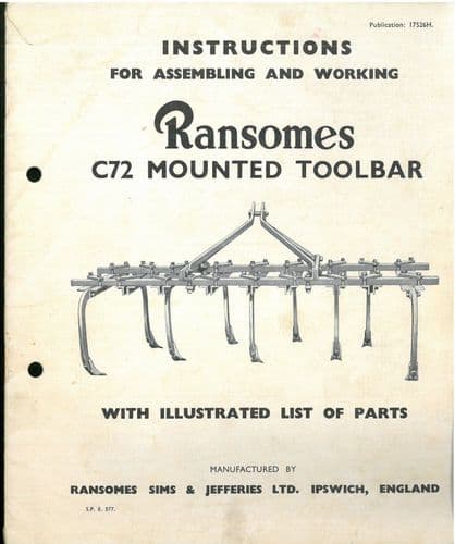 Ransomes C72  Mounted Toolbar Operators Manual + Parts List