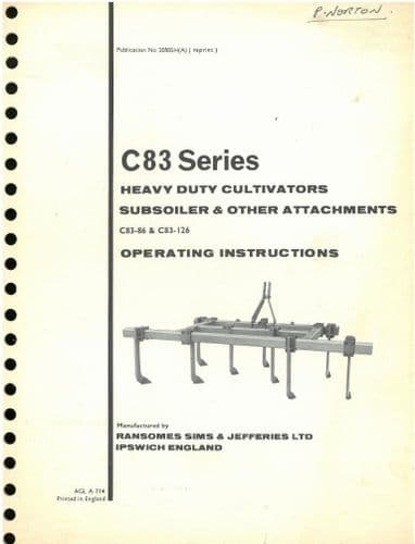 Ransomes C83 Heavy Duty Cultivator C83-86 & C83-126 Operators Manual and Parts List