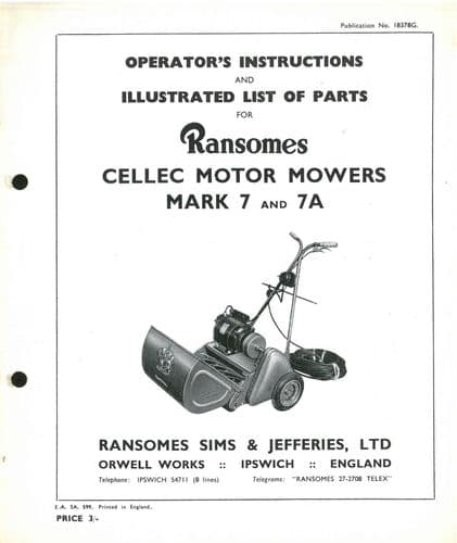 Ransomes Cellec Motor Mower Lawnmower (mark 7 & 7A) Operators Manual with Parts List