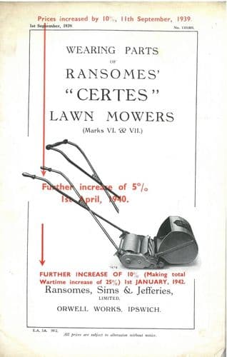 Ransomes Certes Lawnmower Mark 6 & 7 MK VI VII  Mower Parts Manual
