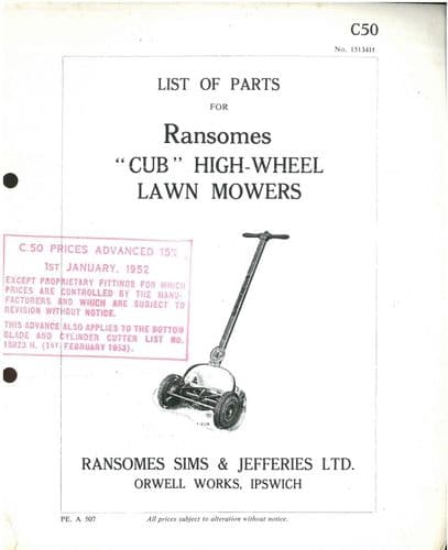 Ransomes Cub  High Wheel  Lawn Mower Parts Manual