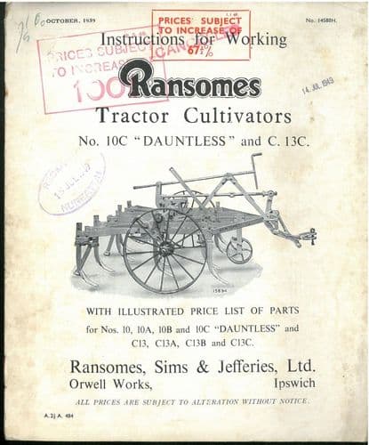 Ransomes Dauntless Tractor Cultivators No 10C And C.13C Operators Manual and Parts List