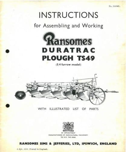 Ransomes Duratrac TS49 Trailed Plough Operating Manual with Illustrated Parts List