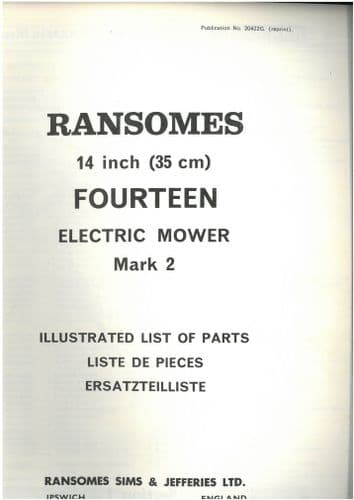 Ransomes Fourteen 14" Mark 2 Mk2 Battery Electric Mower Parts Manual