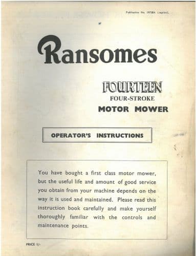Ransomes Fourteen Four Stroke Motor Lawn Mower Operators Manual