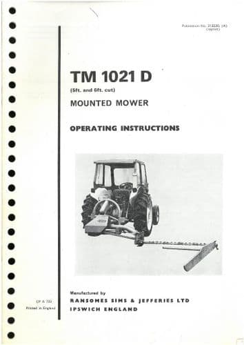Ransomes FR TM1021D Mower Operators Manual with Parts List - TM 1021 D