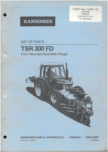 Ransomes Front Mounted Reversible Plough TSR 300 FD Parts Manual - TSR300FD