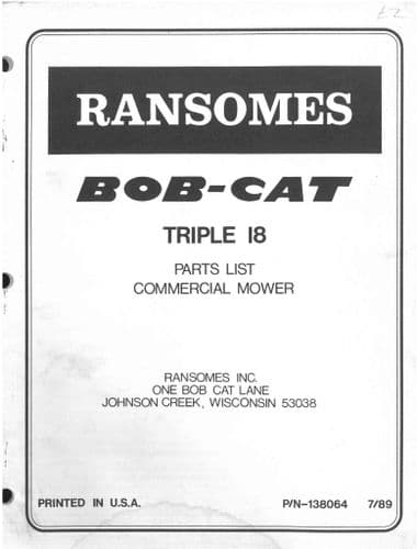Ransomes Gang Commercial Mower -  "Bob Cat" Triple 18 -  Parts Manual