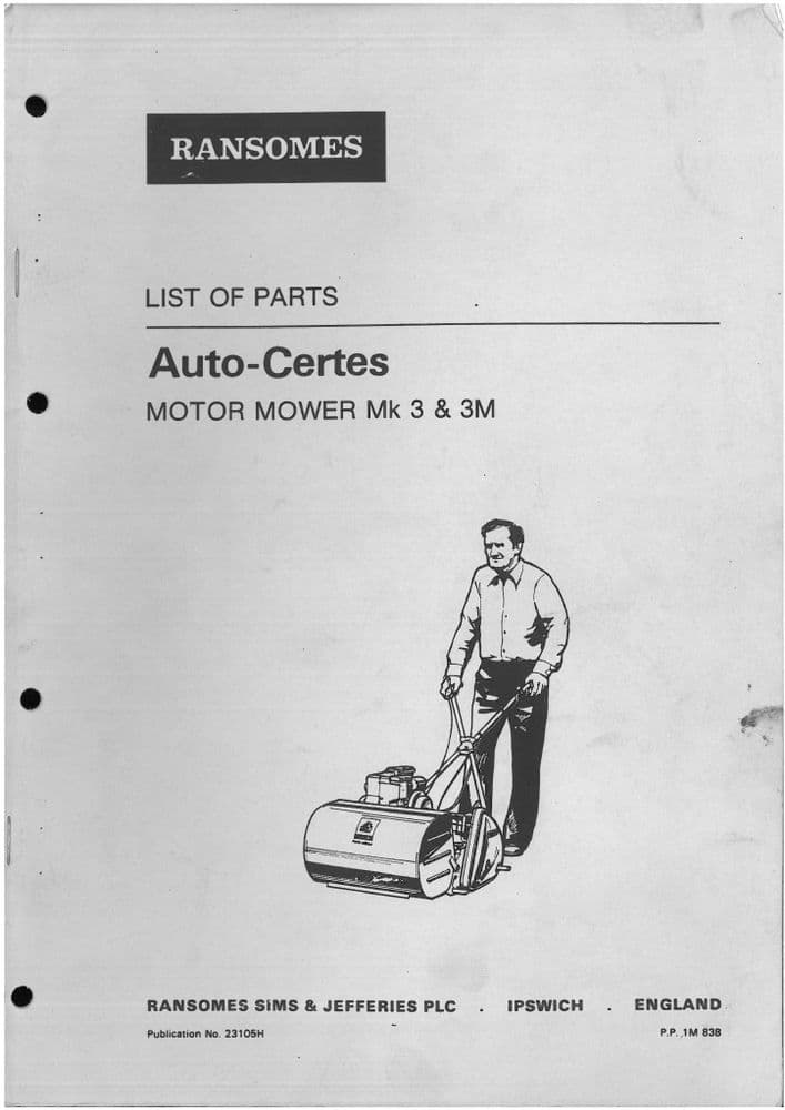 Ransomes Grass Cutting Machine AutoCertes Mk3 & Mk3M Mower Parts Manual