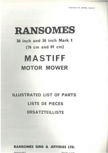 Ransomes Grass Cutting Machine Mastiff 30" & 36" Mark 1 Mk1 Mower Parts Manual
