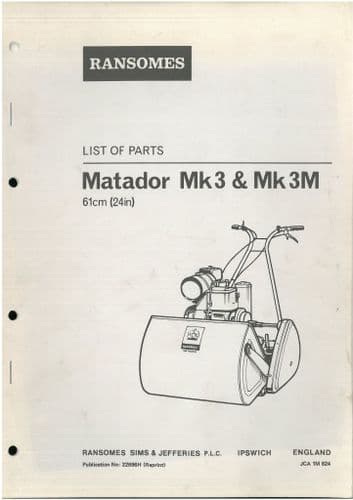 Ransomes Grass Cutting Machine Matador Mk3 & Mk3M Mower Parts Manual