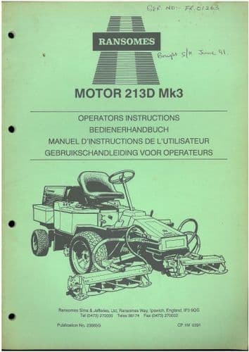 Ransomes Grass Cutting Machine Motor 213D Mk3 Operators Manual