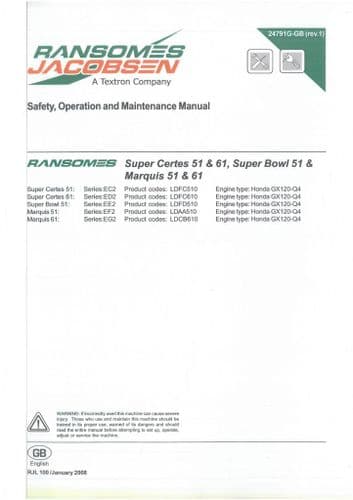 Ransomes Grass Cutting Machine Super Certes, Super Bowl, Marquis 51 & 61 Operators Manual