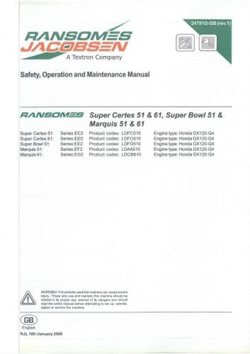 Ransomes Grass Cutting Machine Super Certes, Super Bowl, Marquis 51 & 61 Operators Manual ORIGINAL