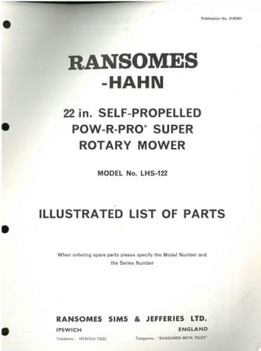Ransomes-HAHN Rotary Mower 22" Self Propelled POW-R-PRO Super LHS122 Parts Manual