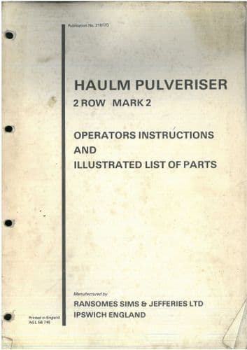 Ransomes Haulm Pulveriser 2 Row Mark 2 Operators Manual with Parts List