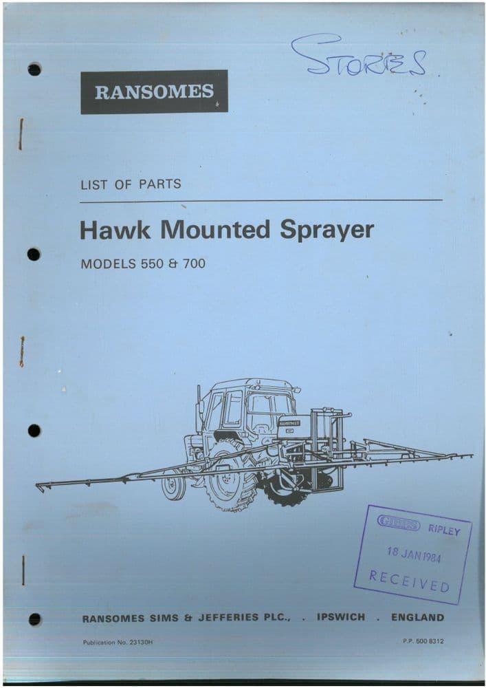 Ransomes Hawk Mounted Sprayer Models 550 & 700 Parts Manual ORIGINAL
