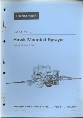 Ransomes Hawk Mounted Sprayer - Models 550 & 700 Parts Manual