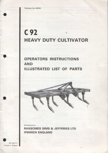Ransomes Heavy Duty Cultivator C92 Operators Manual with Parts List