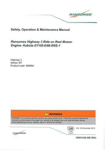 Ransomes Highway 3 Ride On Reel Mower Engine Operators Manual