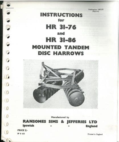 Ransomes HR31-76 HR31-86 Mounted Tandem Disc Harrows Operators Manual