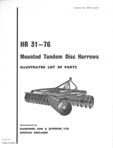 Ransomes HR31-76 Mounted Tandem Disc Harrows Illustrated List of Parts